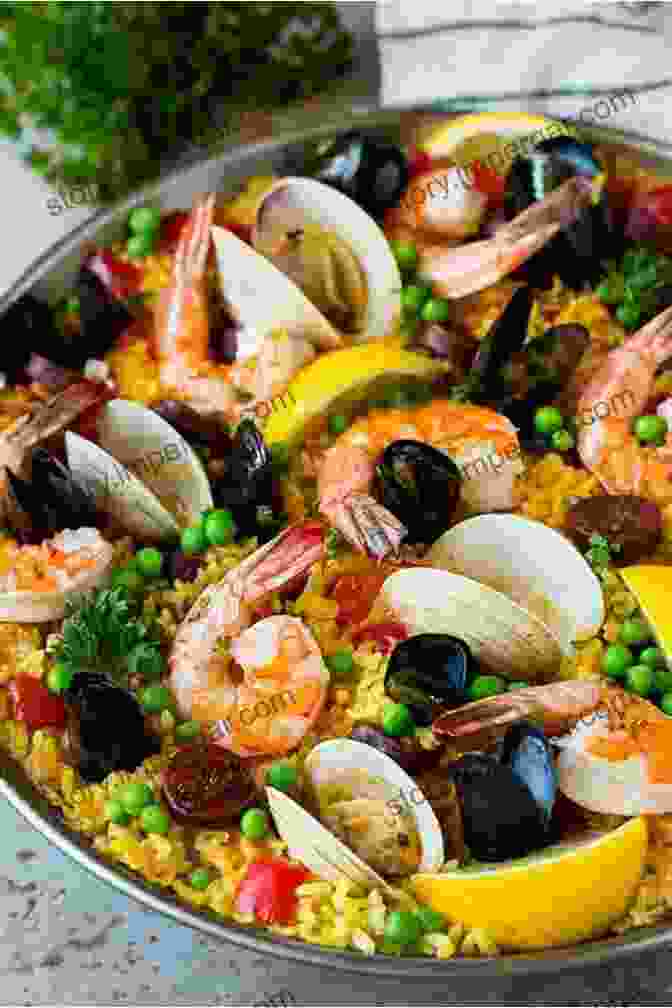 A Large Skillet Of Traditional Spanish Paella, With Saffron Infused Rice, Seafood, And Vegetables. Money Heist: Amazing Spanish Recipes To Steal: Cooking Show Competitions